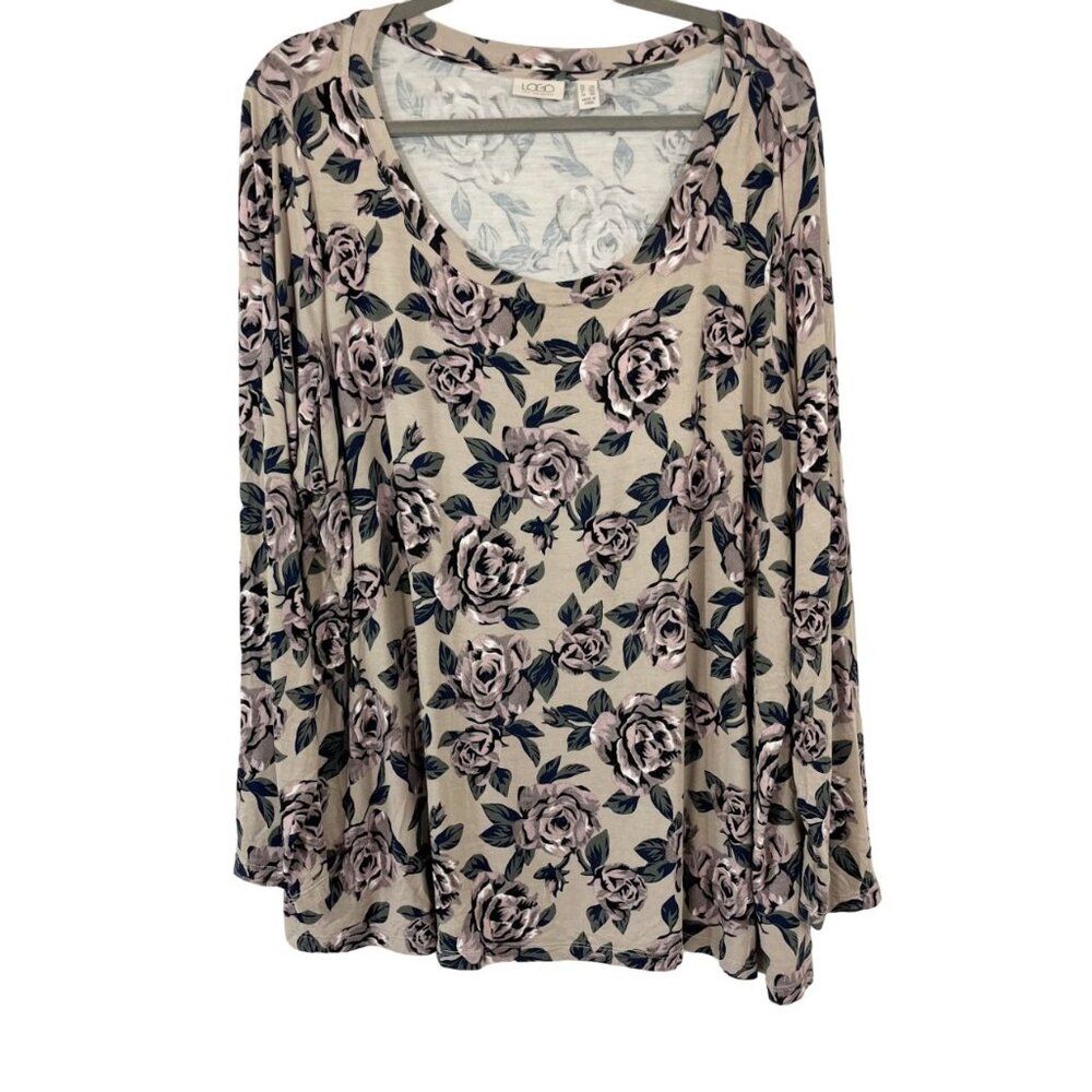 LOGO Lori Goldstein Rose Floral Long Sleeve Shirt Jersey Knit - Size 2X